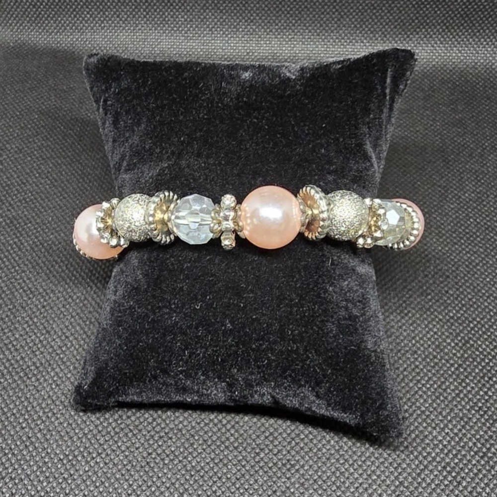 Pink Round Imitation Pearl & Crystal Beaded Stretch Bracelet,‎ Silver Tone